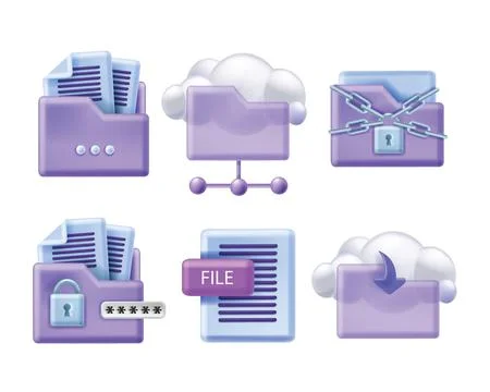 3D cloud folder icon set, data safe storage backup service, office online Stock Illustration