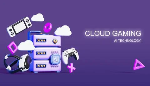 3d cloud gaming banner. Internet media service with computer server, video game Stock Illustration