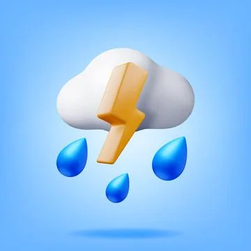 3D Cloud with Lightning and Water Drop Icon Stock Illustration