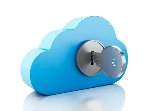 3d cloud locked by key on white background. 스톡 일러스트