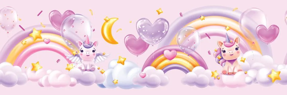 3D clouds rainbow seamless border, vector magic kids pink background Illustrazione stock