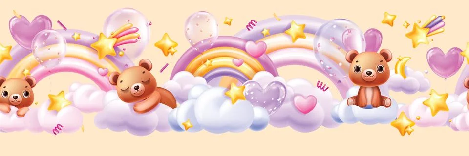 3D clouds rainbow seamless border, magic kids pink background, vector cute Illustrazione stock