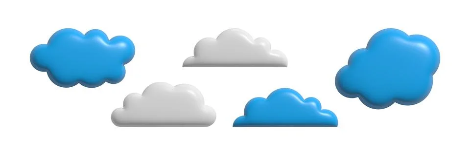 3D clouds set isolated on a white background. Minimalist plastic blue and whi Stock Illustration
