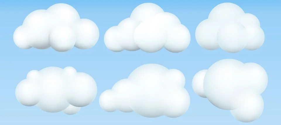 3d clouds set. Realistic clouds icons. 3d geometric shapes. Vector illustrati Stock Illustration