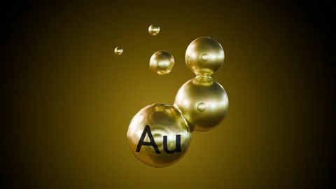 A 3D cluster of gold spheres labeled with "Au". Stock Illustration