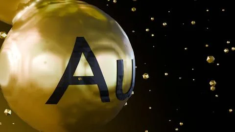 A 3D cluster of gold spheres labeled with "Au". Stock Illustration