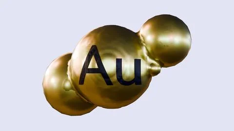 A 3D cluster of gold spheres labeled with "Au". Stock Illustration