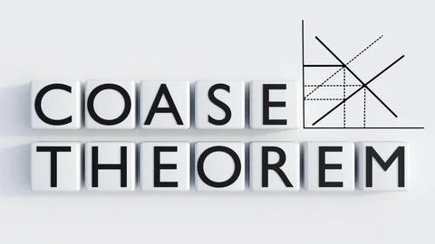 A 3D "COASE THEOREM" word accompanied by a economic supply and demand graph. Stock Illustration