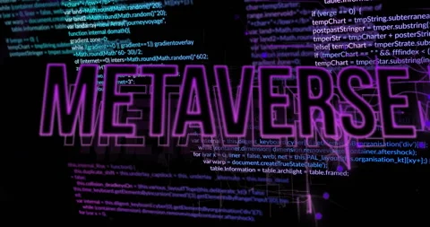 3D code fragments initiating neon purple METAVERSE outline sharpening as nodes Stock Footage 310326647