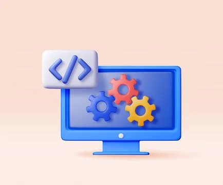 3d code icon and gear cogwheel in computer Stock Illustration