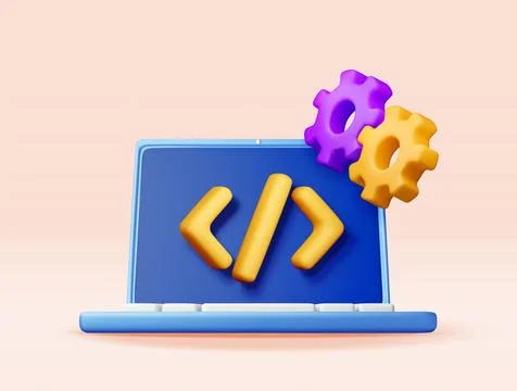 3d code icon and gear cogwheel in laptop Stock Illustration