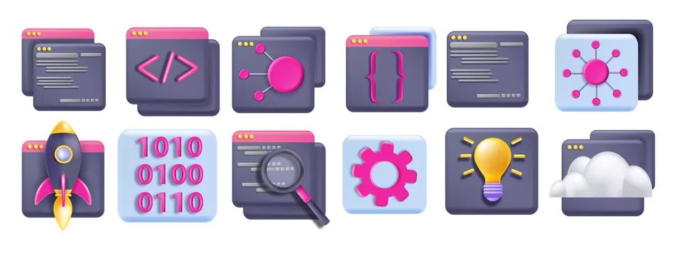 3D code icon set, abstract api, technology computer design Stock-Illustration