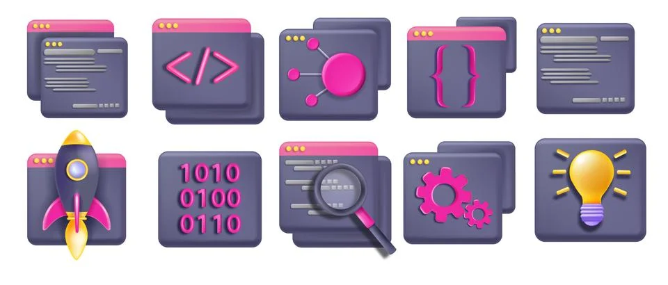 3D code icon set, python abstract api, vector technology computer design Stock Illustration