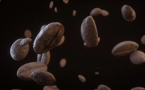 3D Coffee beans falling on black background Stock-Illustration