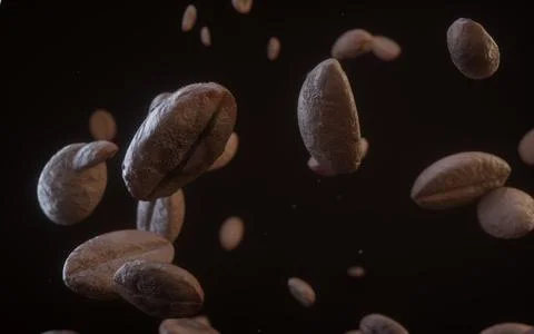 3D Coffee beans falling on black background Stock Illustration
