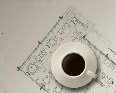 3d coffee cup on engineer architectural blue print Stock-Illustration