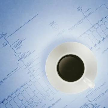 3d coffee cup on engineer blue print Ilustración de archivo