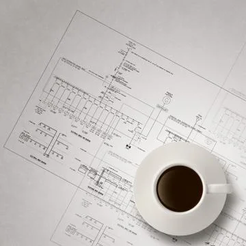 3d coffee cup on engineer blue print Ilustración de archivo