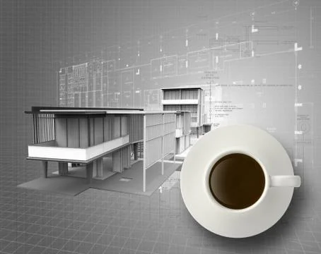 3d coffee cup on engineer blue print Ilustración de archivo