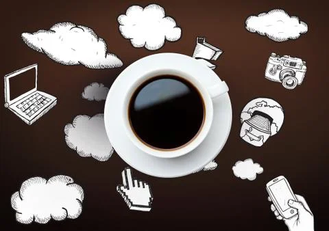 3D Coffee cup with technology icon drawings and clouds against brown background Stock Illustration