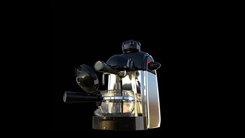 3d coffee machine flowing into a glass on a black background Video stock 242799413