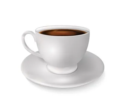 3d coffee mug. Realistic white cup on ceramic plate, hot arabica beverage Stock Illustration