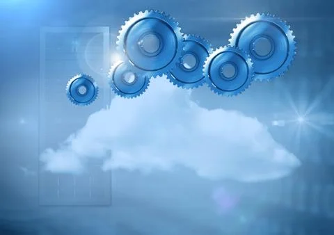3D cog gears and cloud with servers in background イラスト素材