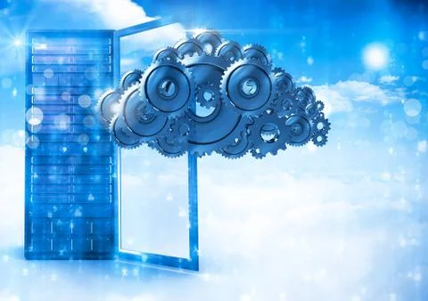 3D cog gears cloud with server in background Stock Illustration