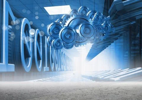 3D cog gears cloud with servers and binary in background Stock Illustration