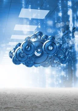 3D cog gears cloud with servers in background Stock Illustration