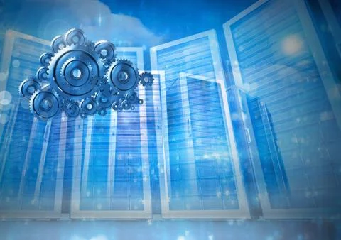 3D cog gears cloud with servers in background Stock Illustration