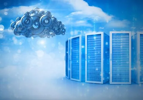 3D cog gears cloud with servers in background Stock Illustration