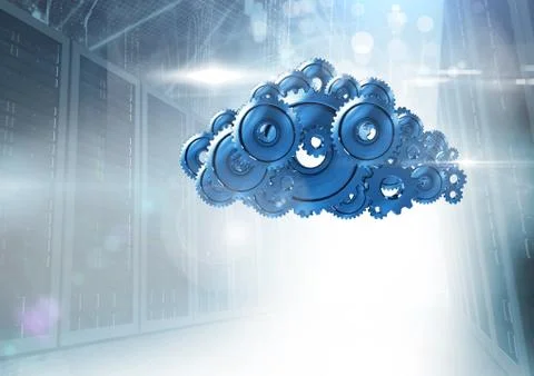3D cog gears cloud with servers in background 库存插图
