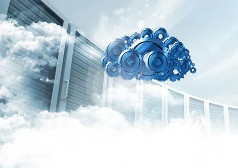 3D cog gears cloud with servers in background Stock Illustration