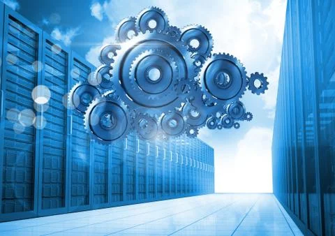 3D cog gears cloud with servers in background Stock Illustration