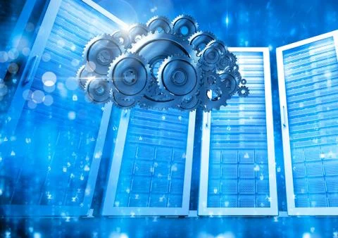 3D cog gears cloud with servers in background Stock Illustration