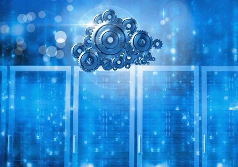 3D cog gears cloud with servers in background Stock Illustration
