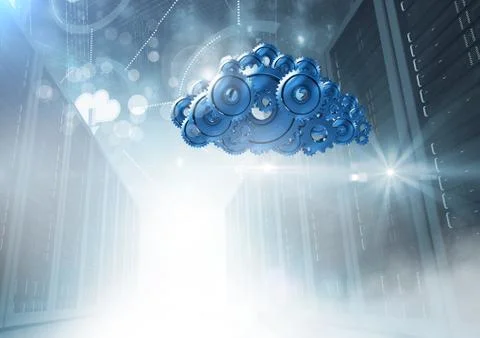 3D cog gears cloud with servers in background Stock Illustration