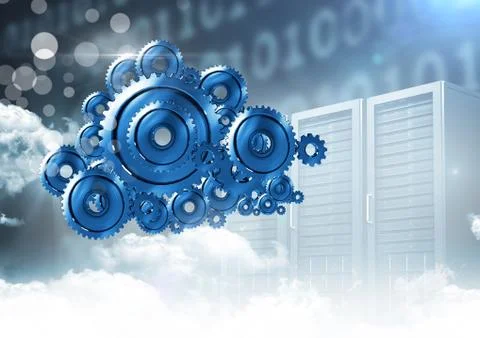 3D cog gears cloud with servers in background Stock Photos