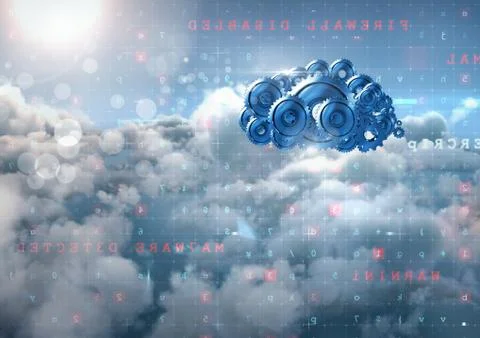 3D cog gears cloud with servers in background Foto stock
