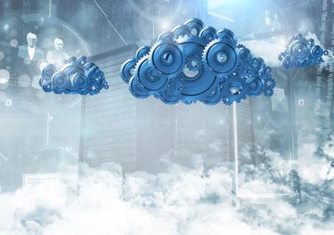 3D cog gears clouds with servers in background Stock Photos