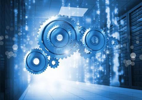 3D cog gears with servers in background Stock Illustration