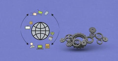 3d cogs with globe and signs over purple background Stock Illustration