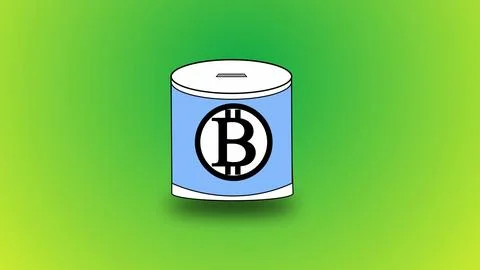 3d coin saving box with Bitcoin icon isolated on green background. Illustrazione stock
