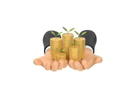 3D. coins in hands cartoon. saving money concept. Stock Illustration