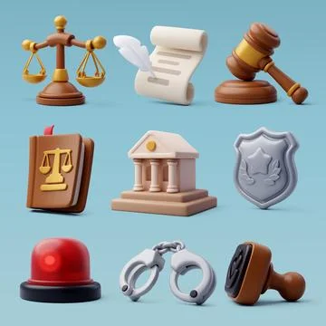 3d collection of Law and judgment icon, Lawyer, police and punishment. Stock Illustration