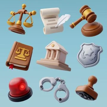 3d collection of Law and judgment icon, Lawyer, police and punishment. Stock Illustration
