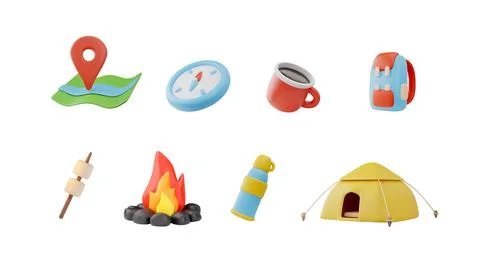 3D collection of vector hiking elements on isolated background. Stock Illustration