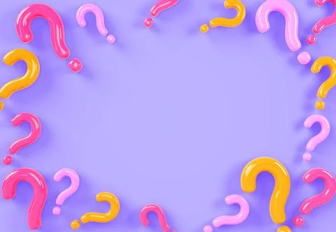 3d color question marks frame on purple render background. Concept of school Illustrazione stock
