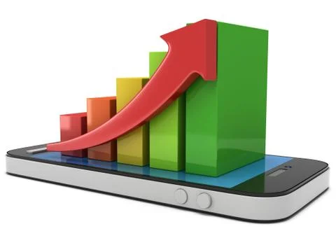3d colored bar graph with red arrow on smartphone Stock Illustration